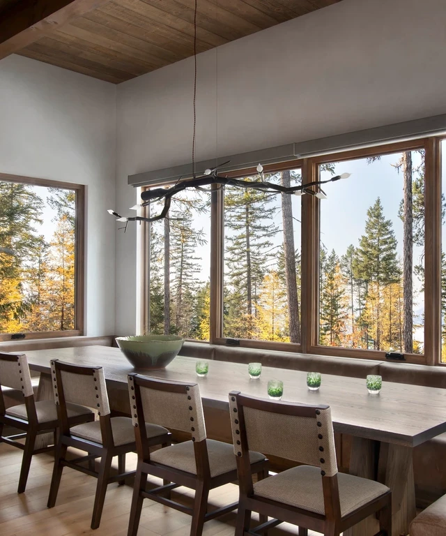 Tate Interiors Montana Interior Design Beargrass Chalet Dining Nook Banquette Forest View
