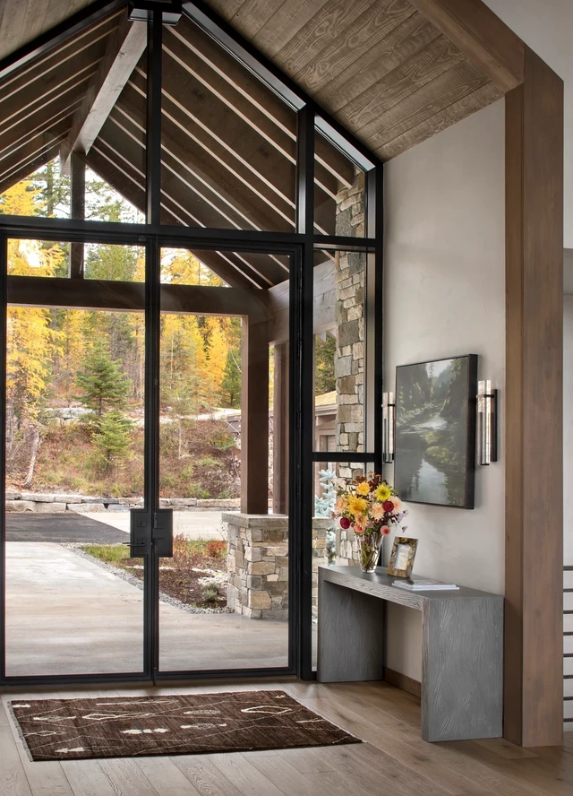 Tate Interiors Montana Interior Design Beargrass Chalet Entry Foyer Glass Doors