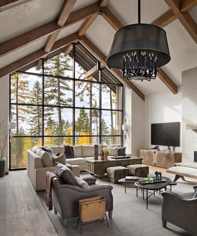 Tate Interiors Montana Interior Design Beargrass Chalet Great Room Fireplace Vaulted Ceiling