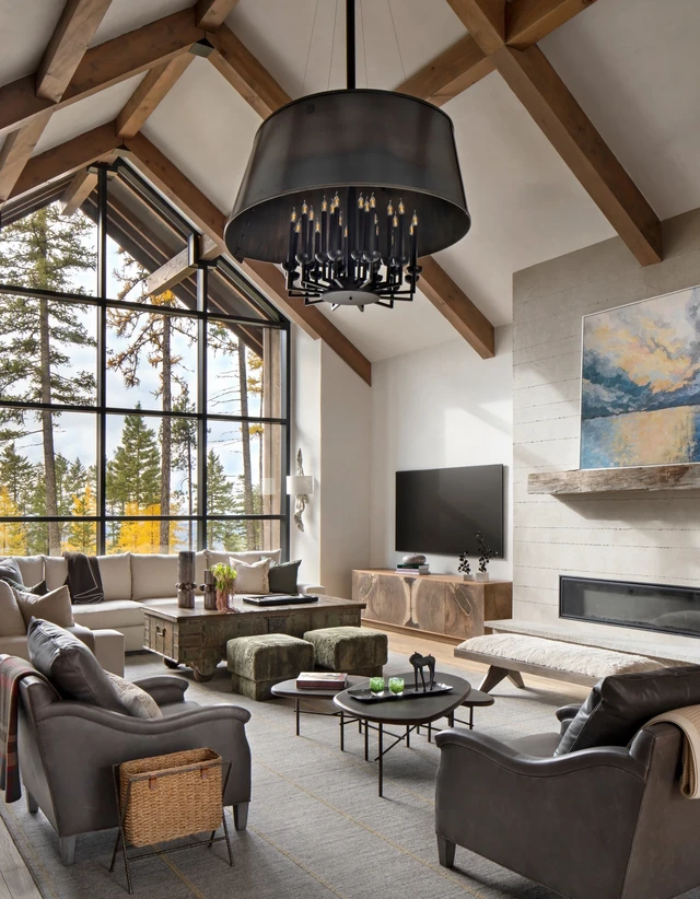Tate Interiors Montana Interior Design Beargrass Chalet Great Room Fireplace Vaulted Ceiling