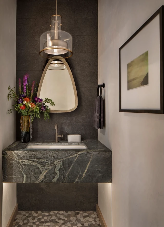 Tate Interiors Montana Interior Design Beargrass Chalet Powder Room Stone Vanity