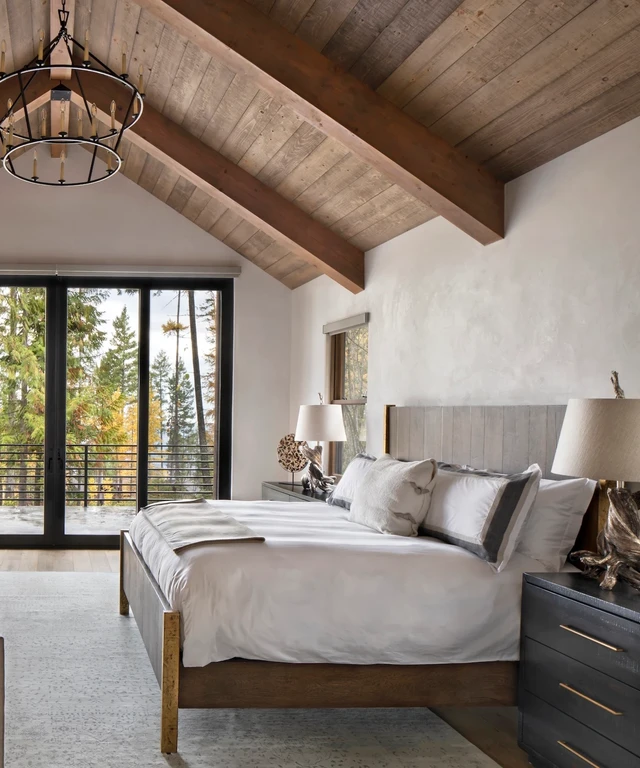 Tate Interiors Montana Interior Design Beargrass Chalet Primary Bedroom Vaulted Ceiling