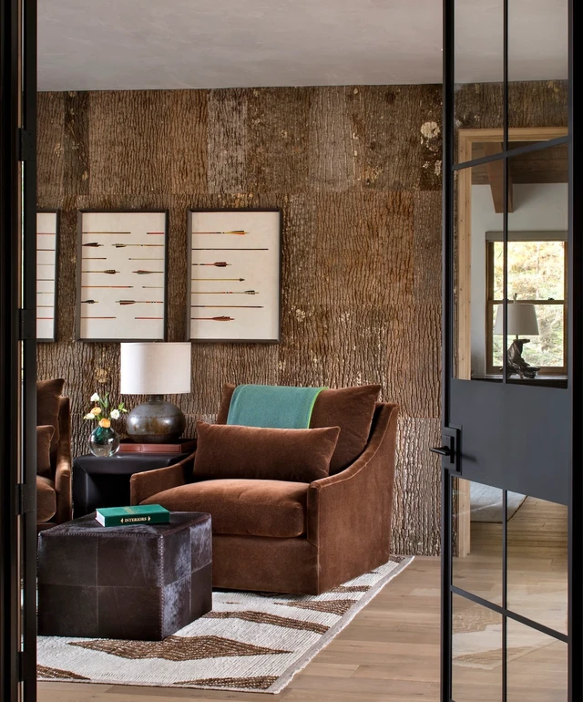 Tate Interiors Montana Interior Design Beargrass Chalet Sitting Room Bark Wall