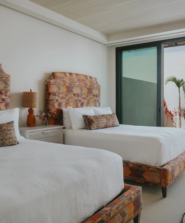 Tate Interiors Montana Interior Design Cabo Guest Bedroom Twin Beds Patterned Headboards