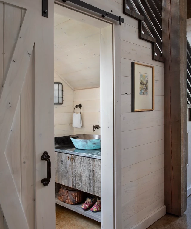 Tate Interiors Montana Interior Design Hawks Homestead Barn Door Entry Bathroom