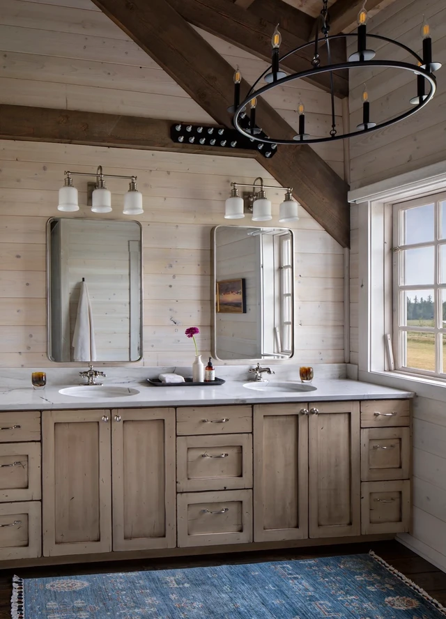 Tate Interiors Montana Interior Design Hawks Homestead Bathroom Double Vanity Chandelier