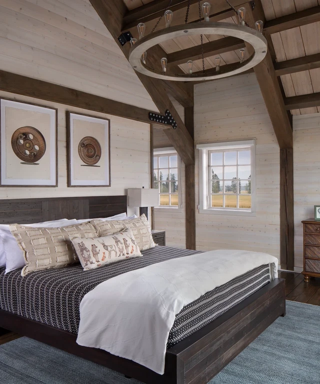 Tate Interiors Montana Interior Design Hawks Homestead Bedroom Timber Frame Fishing Art