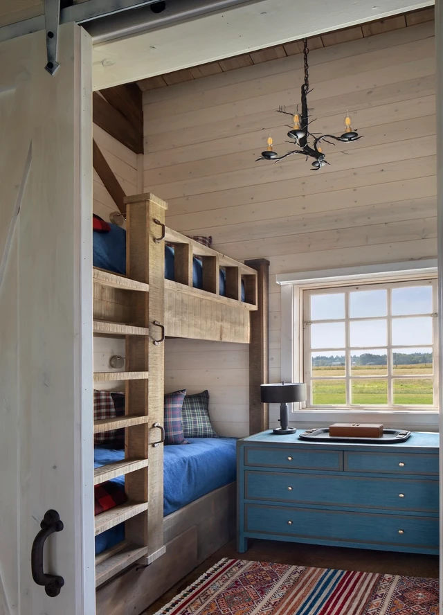 Tate Interiors Montana Interior Design Hawks Homestead Bunk Room Built In Bunks Barn Door