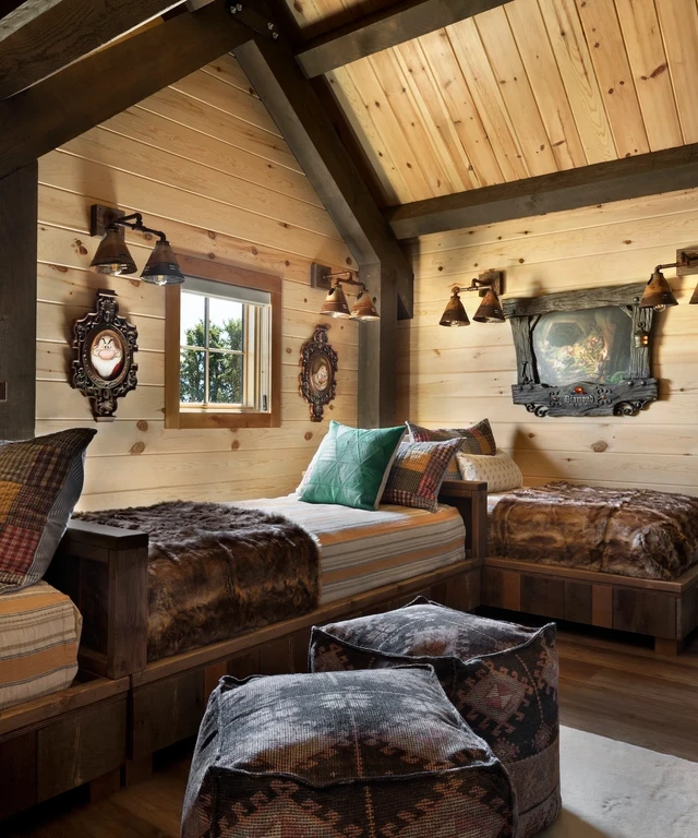 Tate Interiors Montana Interior Design Hawks Homestead Bunk Room Log Walls Vaulted Ceiling