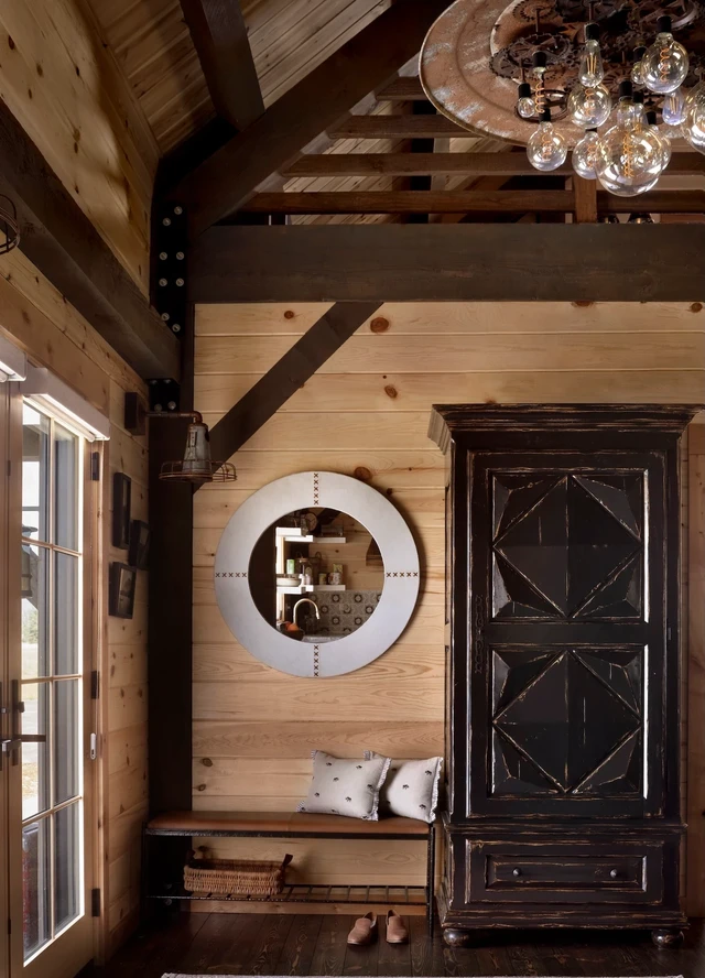 Tate Interiors Montana Interior Design Hawks Homestead Entry Armoire Round Mirror