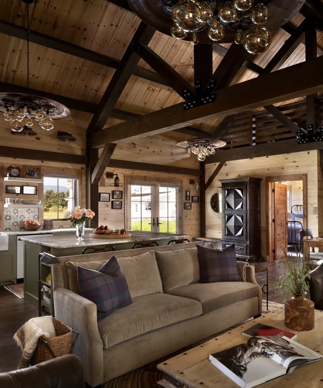 Tate Interiors Montana Interior Design Hawks Homestead Great Room Timber Frame Open Plan