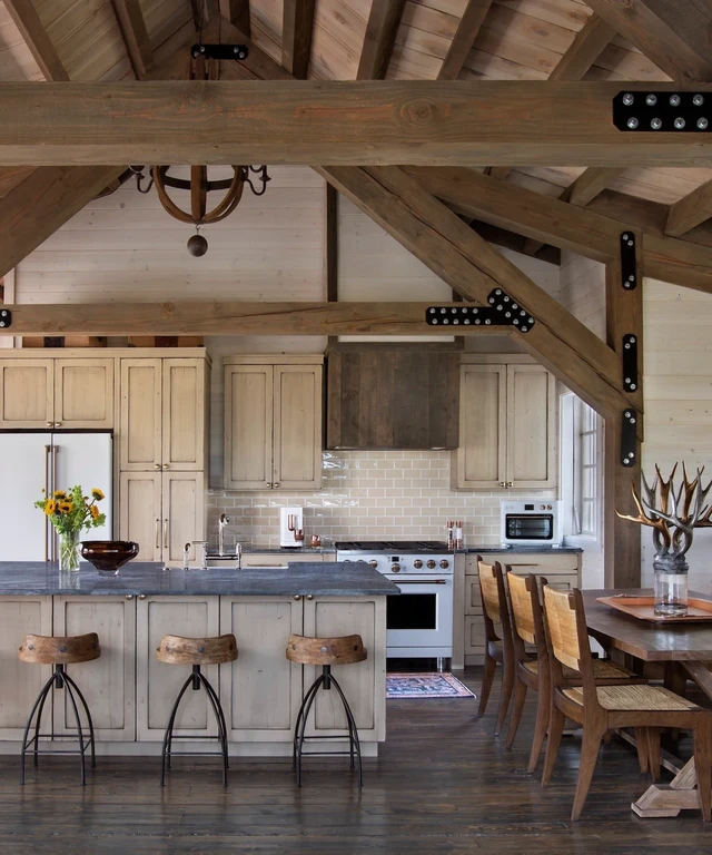Tate Interiors Montana Interior Design Hawks Homestead Kitchen Dining Open Timber Frame