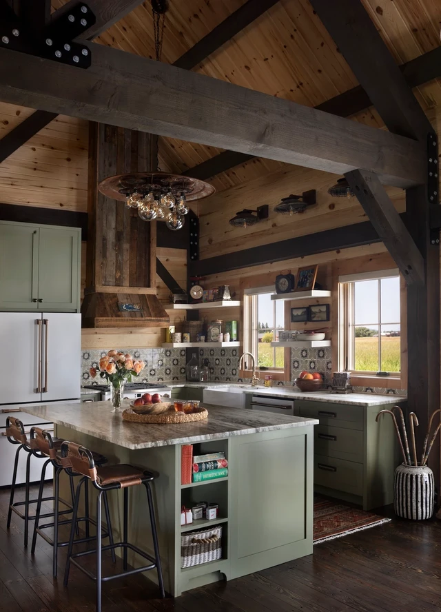 Tate Interiors Montana Interior Design Hawks Homestead Kitchen Green Cabinets Timber Frame