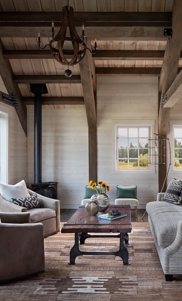 Tate Interiors Montana Interior Design Hawks Homestead Living Room Barn Beams Wood Stove