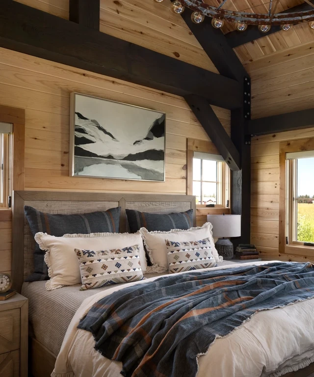 Tate Interiors Montana Interior Design Hawks Homestead Primary Bedroom Log Walls Meadow View