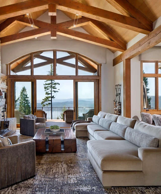 Tate Interiors Montana Interior Design Iron Horse Vacation Home Great Room Stone Fireplace Lake View