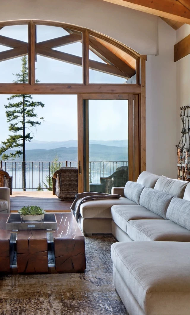 Tate Interiors Montana Interior Design Iron Horse Vacation Home Great Room Stone Fireplace Lake View