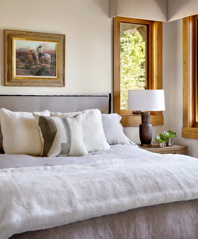 Tate Interiors Montana Interior Design Iron Horse Vacation Home Guest Bedroom Detail Western Art