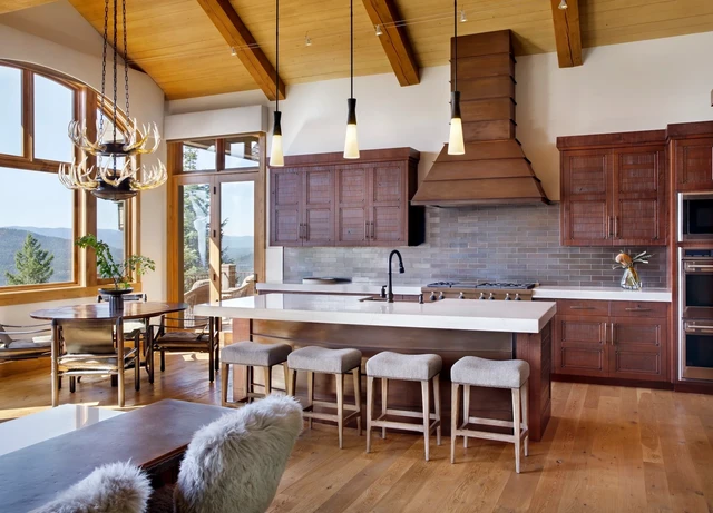 Tate Interiors Montana Interior Design Iron Horse Vacation Home Kitchen Wood Cabinets Island Antler Chandelier