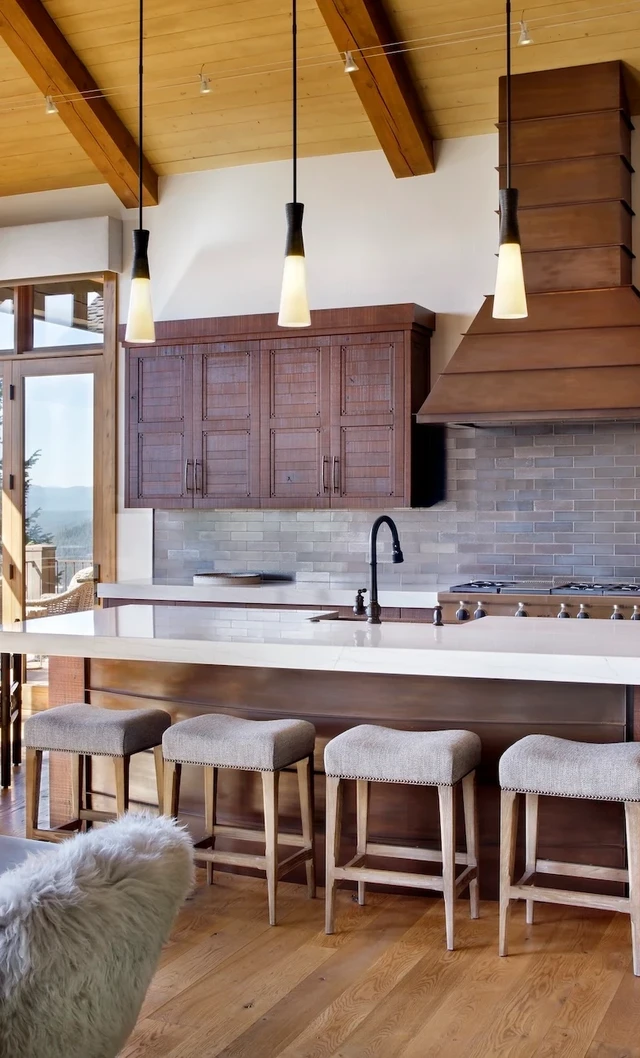 Tate Interiors Montana Interior Design Iron Horse Vacation Home Kitchen Wood Cabinets Island Antler Chandelier