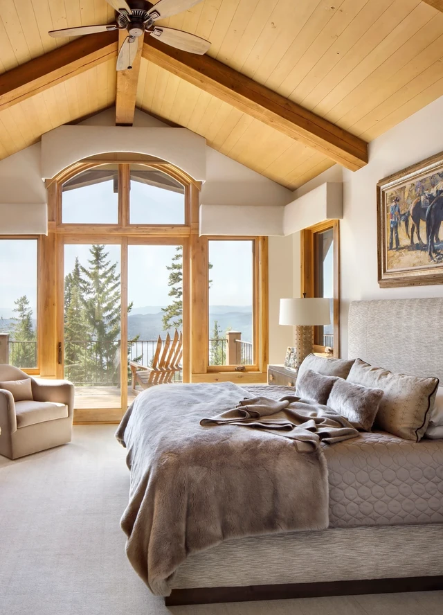 Tate Interiors Montana Interior Design Iron Horse Vacation Home Primary Bedroom Vaulted Ceiling Lake View