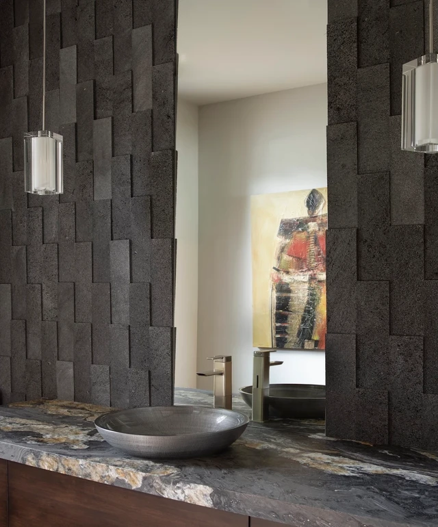 Tate Interiors Montana Interior Design Montana Lake House Bathroom Stone Tile Vessel Sink