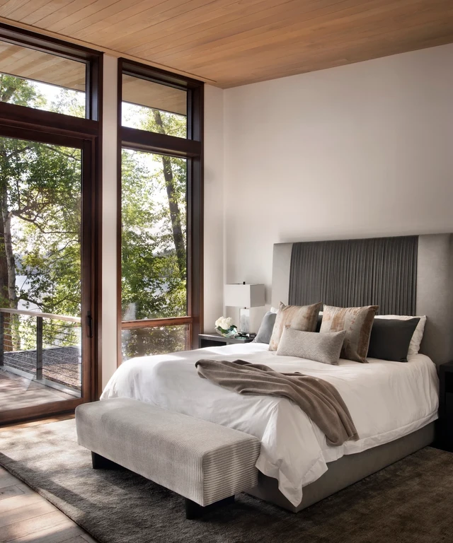Tate Interiors Montana Interior Design Montana Lake House Bedroom Lake View Sliding Doors