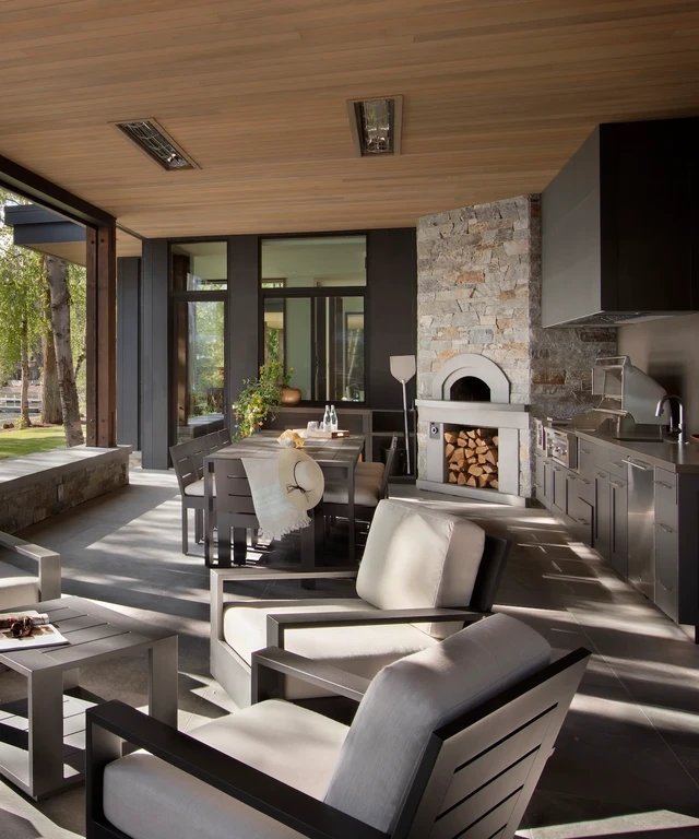 Tate Interiors Montana Interior Design Montana Lake House Covered Patio Outdoor Kitchen Lake View