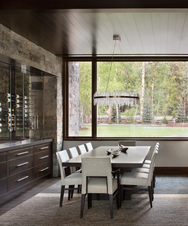 Tate Interiors Montana Interior Design Montana Lake House Dining Room Wine Storage Garden View