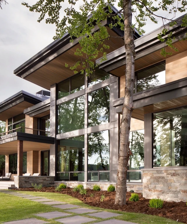 Tate Interiors Montana Interior Design Montana Lake House Exterior Glass Walls Lakeside Lawn
