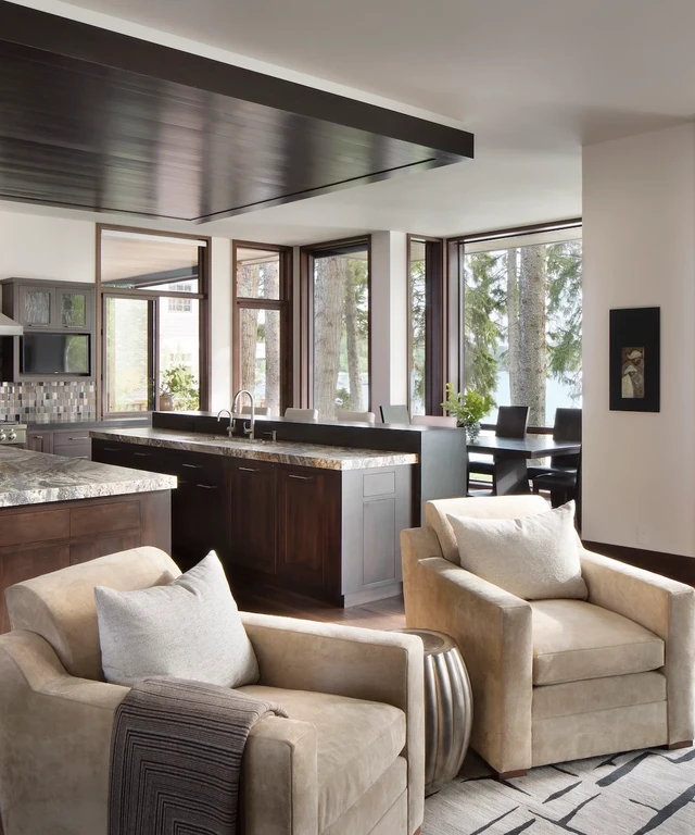 Tate Interiors Montana Interior Design Montana Lake House Kitchen Dark Cabinets Open To Lake