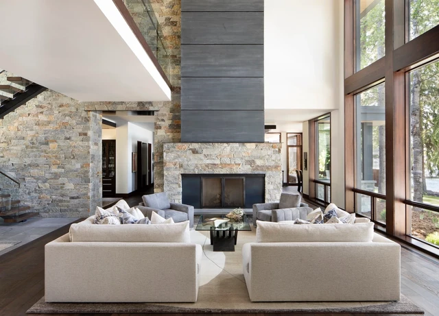 Tate Interiors Montana Interior Design Montana Lake House Living Room Stone Fireplace Floor To Ceiling Windows
