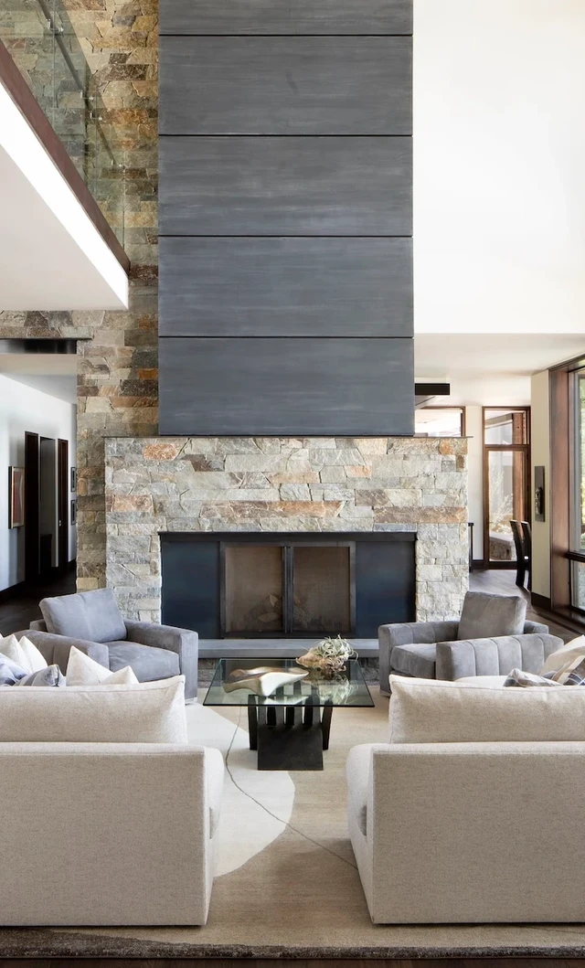 Tate Interiors Montana Interior Design Montana Lake House Living Room Stone Fireplace Floor To Ceiling Windows
