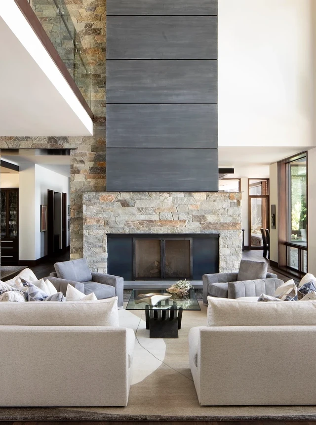 Tate Interiors Montana Interior Design Montana Lake House Living Room Stone Fireplace Floor To Ceiling Windows