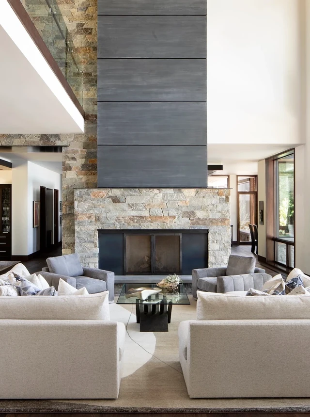 Tate Interiors Montana Interior Design Montana Lake House Living Room Stone Fireplace Floor To Ceiling Windows