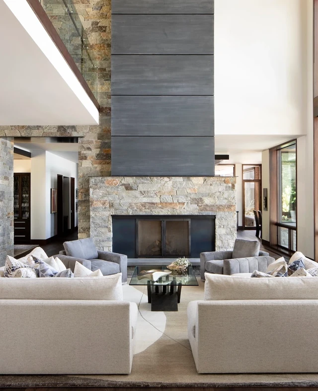 Tate Interiors Montana Interior Design Montana Lake House Living Room Stone Fireplace Floor To Ceiling Windows