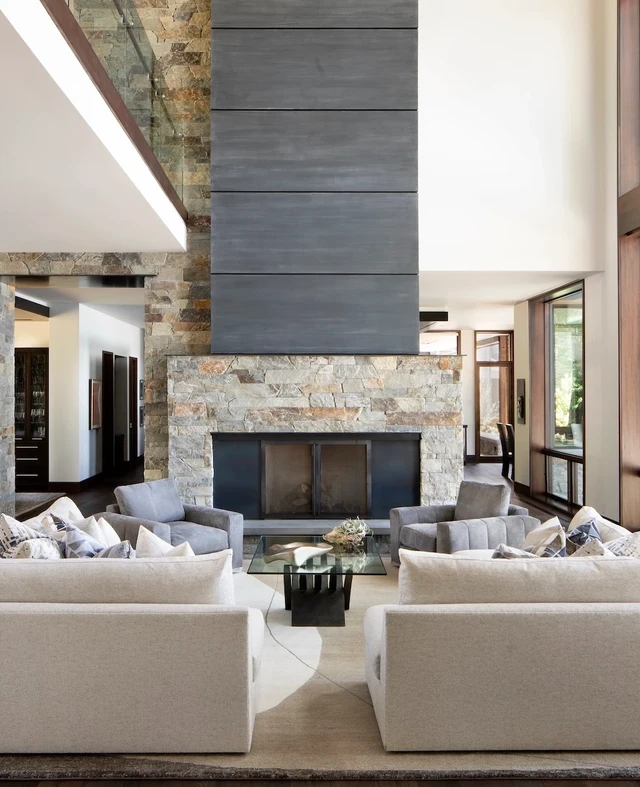 Tate Interiors Montana Interior Design Montana Lake House Living Room Stone Fireplace Floor To Ceiling Windows