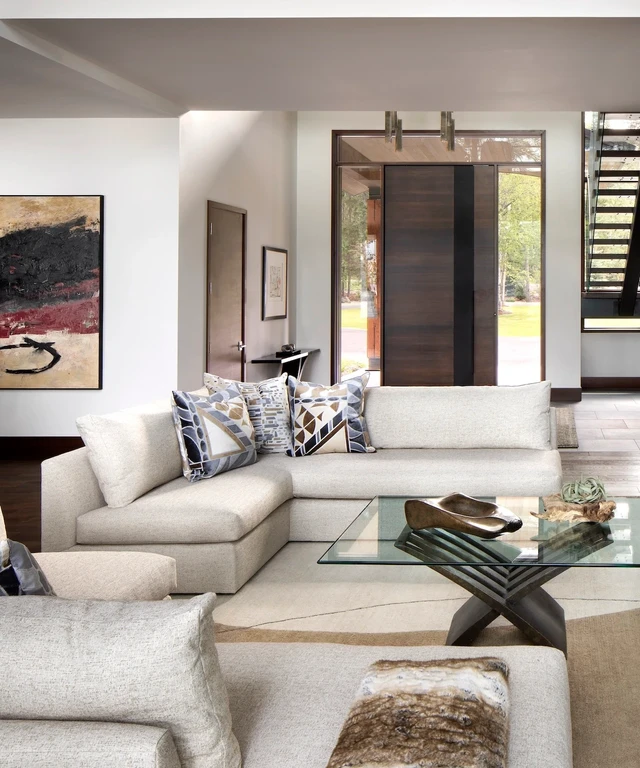 Tate Interiors Montana Interior Design Montana Lake House Living Room Two Story Loft Stone Fireplace