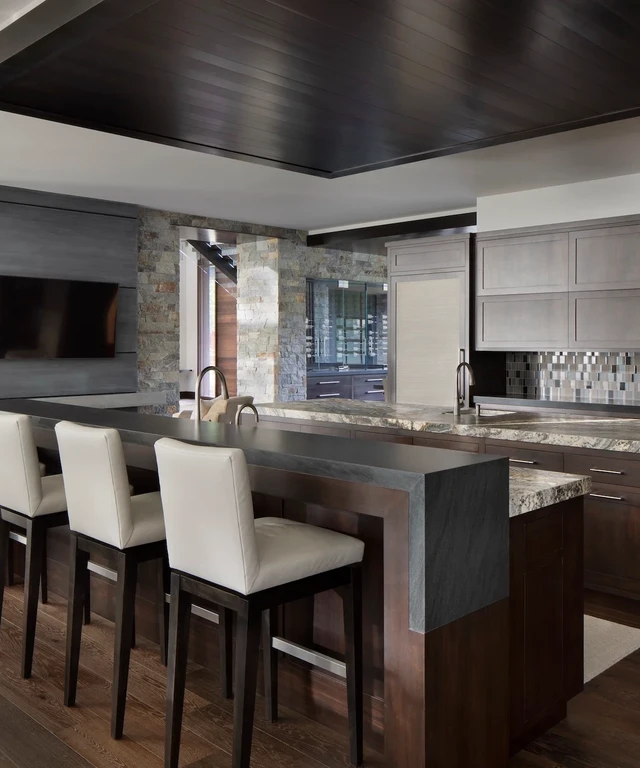 Tate Interiors Montana Interior Design Montana Lake House Lower Level Bar Kitchen Dark Cabinets