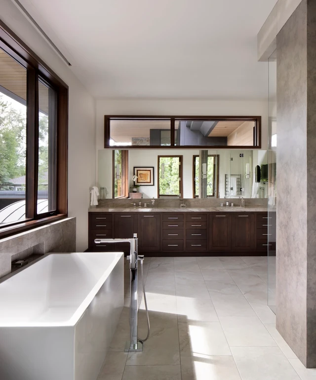 Tate Interiors Montana Interior Design Montana Lake House Primary Bath Freestanding Tub Glass Shower
