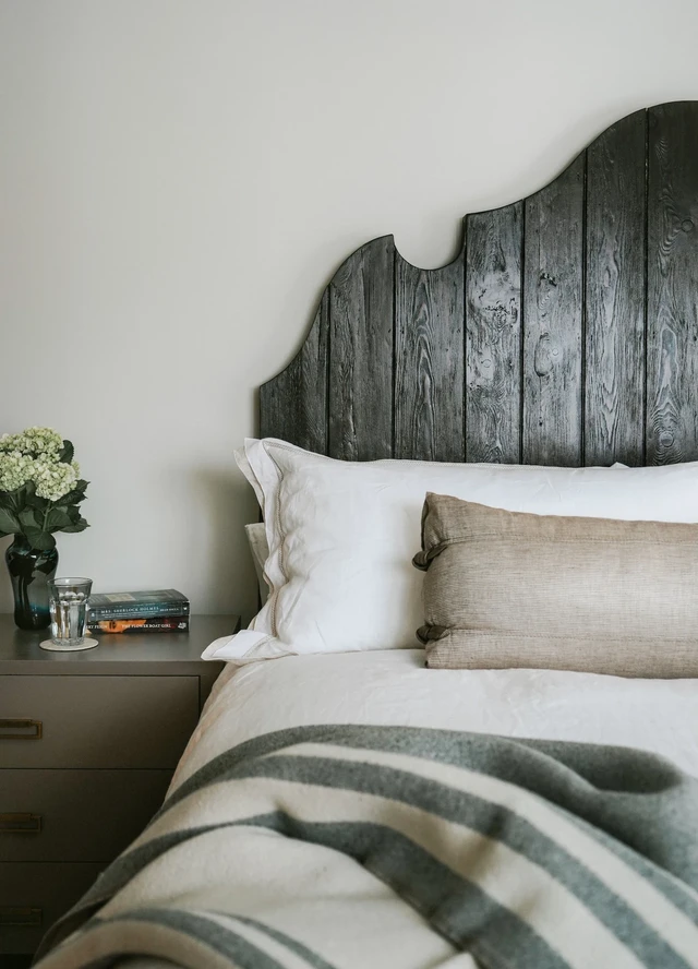 Tate Interiors Montana Interior Design Moose Crossing Bedroom Detail Reclaimed Wood Headboard