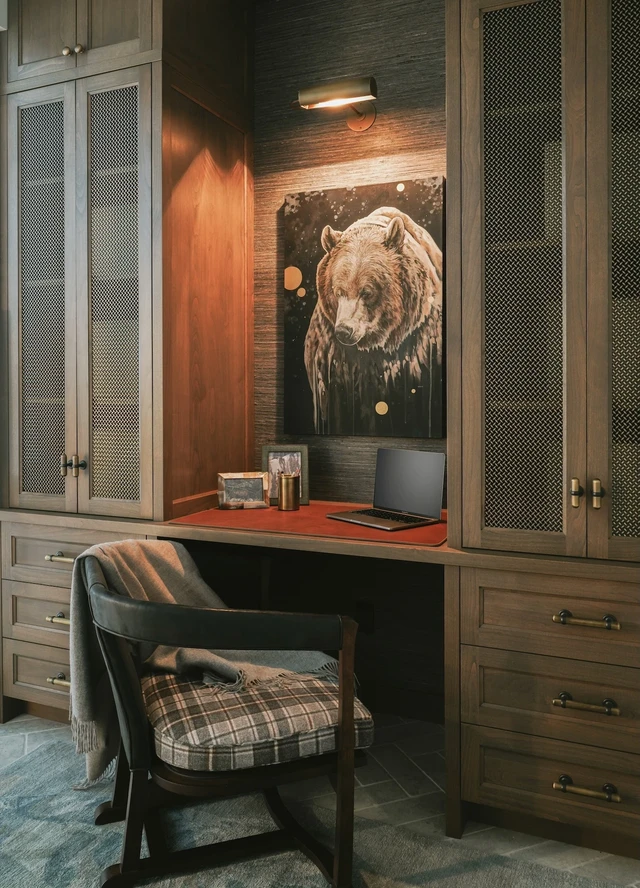 Tate Interiors Montana Interior Design Moose Crossing Built In Desk Nook Bear Art