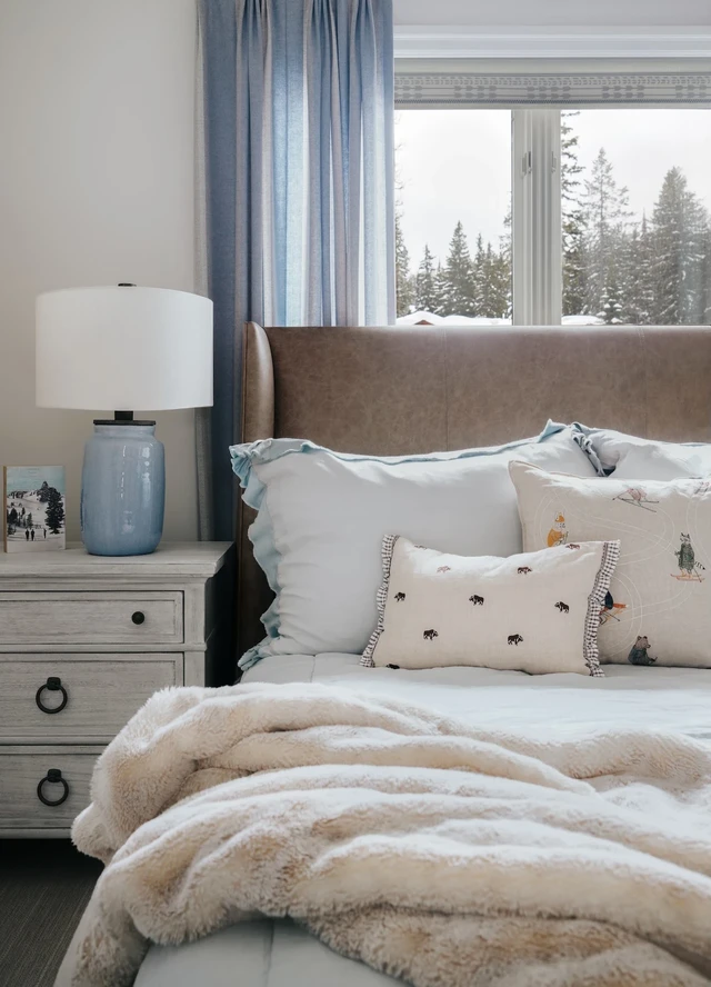 Tate Interiors Montana Interior Design Moose Crossing Guest Bedroom Leather Headboard Blue Curtains