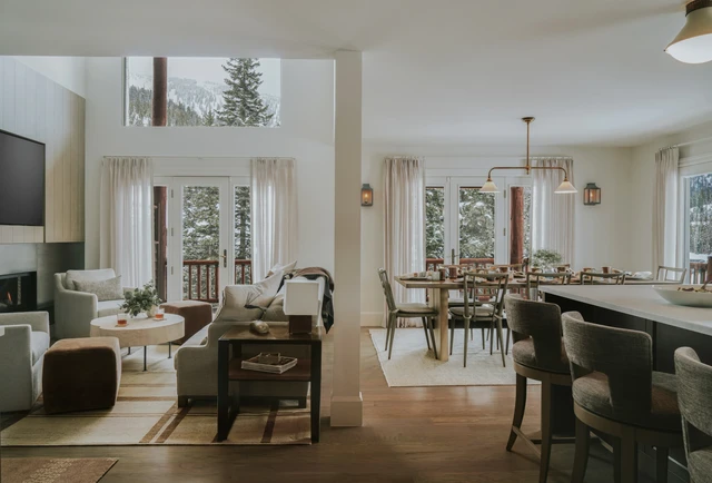 Tate Interiors Montana Interior Design Moose Crossing Living Room Fireplace TV Mountain View