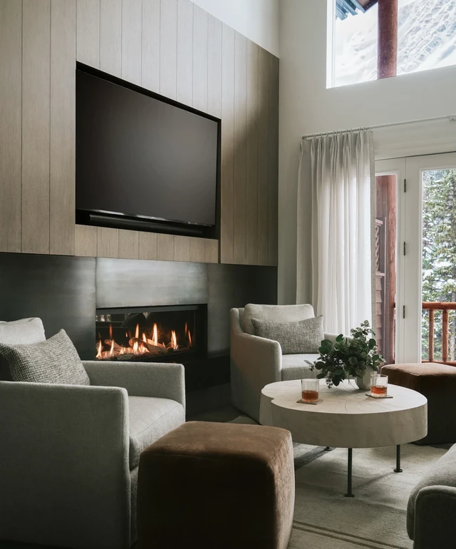 Tate Interiors Montana Interior Design Moose Crossing Living Room Fireplace TV Two Story