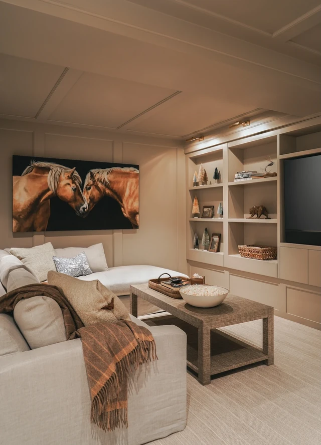 Tate Interiors Montana Interior Design Moose Crossing Lower Level Media Room Horse Art