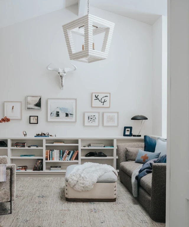 Tate Interiors Montana Interior Design Moose Crossing Sitting Room Gallery Wall Built In Shelves