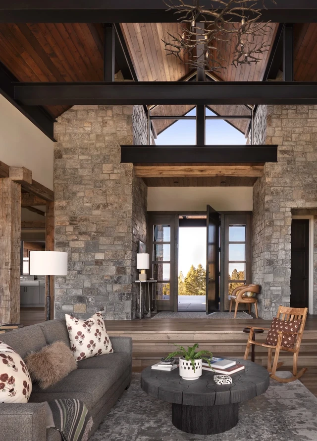 Tate Interiors Montana Interior Design Pintler Shadows Entry Great Room Stone Walls Antler Chandelier