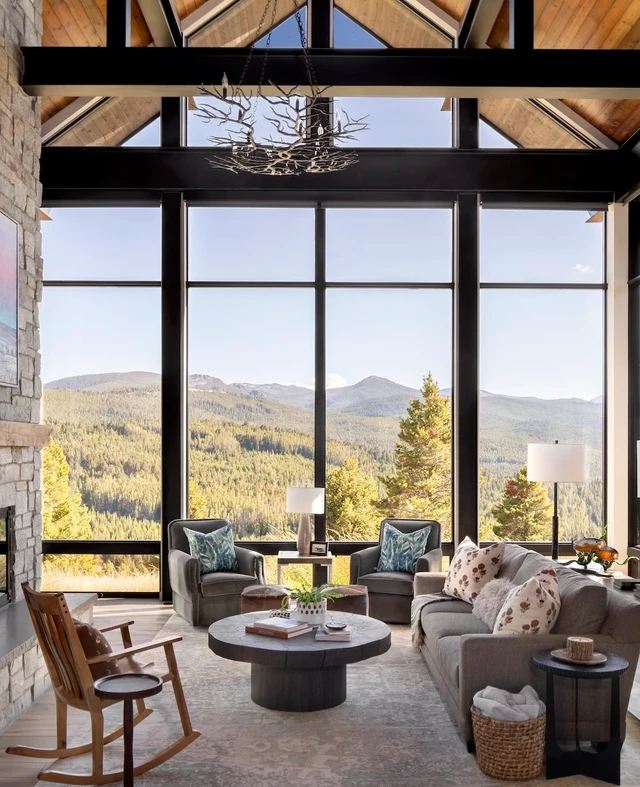 Tate Interiors Montana Interior Design Pintler Shadows Great Room Stone Fireplace Mountain View