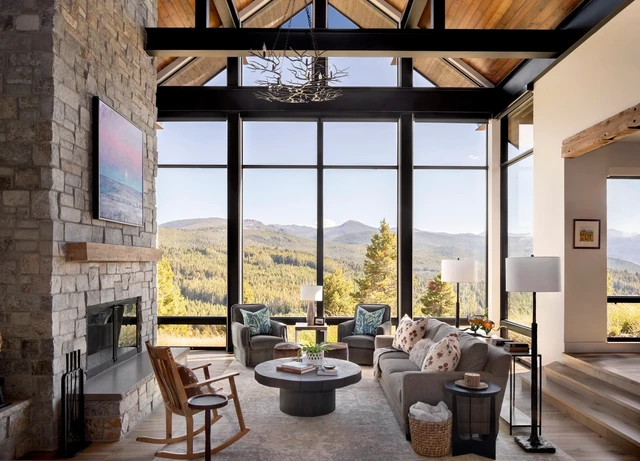 Tate Interiors Montana Interior Design Pintler Shadows Great Room Stone Fireplace Mountain View